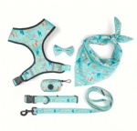 Fashion 6 Pieces Dog Vest Bandana Tie Poo Bag Collar Leash Printed Adjustable Pet Harness Set pet supplies