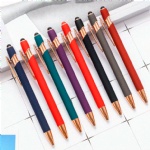 customized laser engraved custom logo soft rubber coating rubberized metal ballpoint pen with rose gold trims-black ink