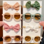 2pcs/set Sunglasses With Elastic Hair Bands Nylon Baby Headband Design Round Sun Glasses Kids Puff Bow Headwear