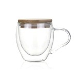 Handmade Heat Resistant Borosilicate Double Wall Glass Tea Cup Coffee Mug with Bamboo Lid