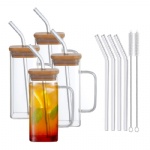 Clear Glassware Drinkware Iced Coffee Tea Mug Water Tumbler Dinking Glasses Square Glass Cup with Lid Straw Handle